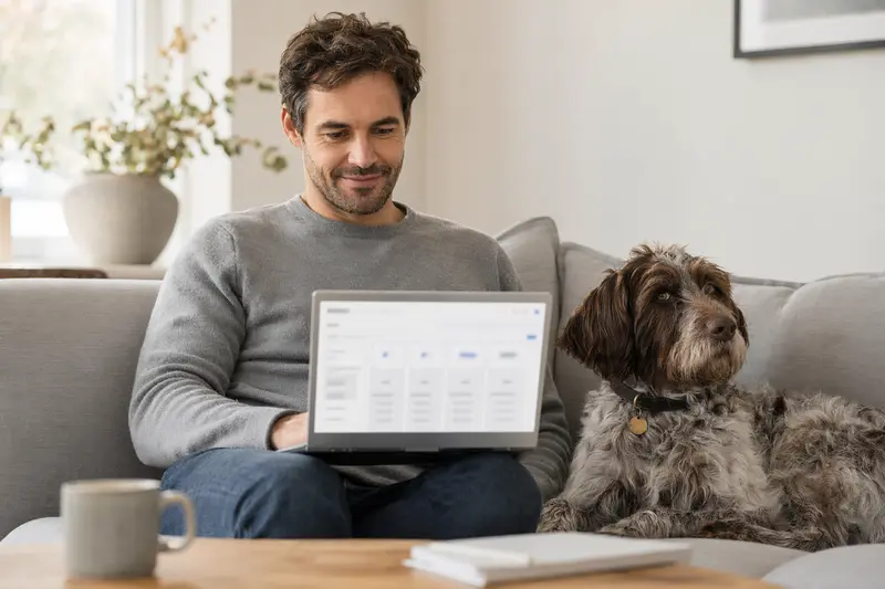 Besitzer nutzt Laptop auf dem Sofa, neben ihm sitzt ein entspannter Ariege-Vorstehhund in heller Wohnung.