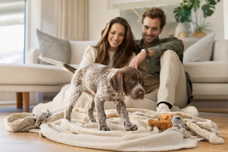 Ein neugieriger Ariege-Vorstehhund Welpe erkundet seine warme Decke und Spielzeuge in einer hellen Wohnung mit einer liebevollen Familie im Hintergrund.