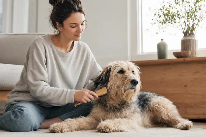 Ein Ariégeois Hund wird liebevoll von seinem Besitzer in einer hellen Wohnung gebürstet.
