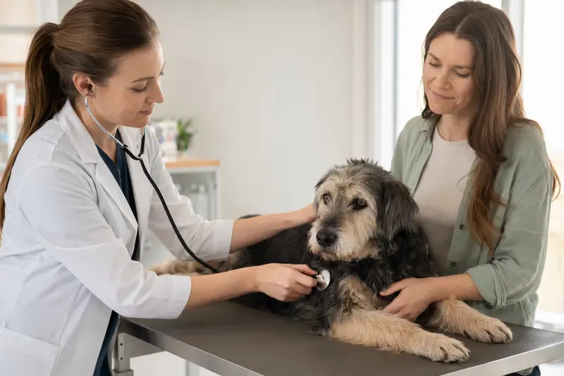 Ein ruhiger Ariégeois Hund auf dem Untersuchungstisch, während eine freundliche Tierärztin ihn mit einem Stethoskop untersucht.