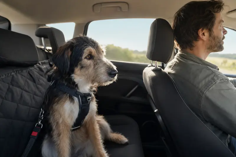 Ein Ariégeois Hund sitzt sicher angeschnallt auf der Rückbank eines Autos, während sein Besitzer ruhig fährt.