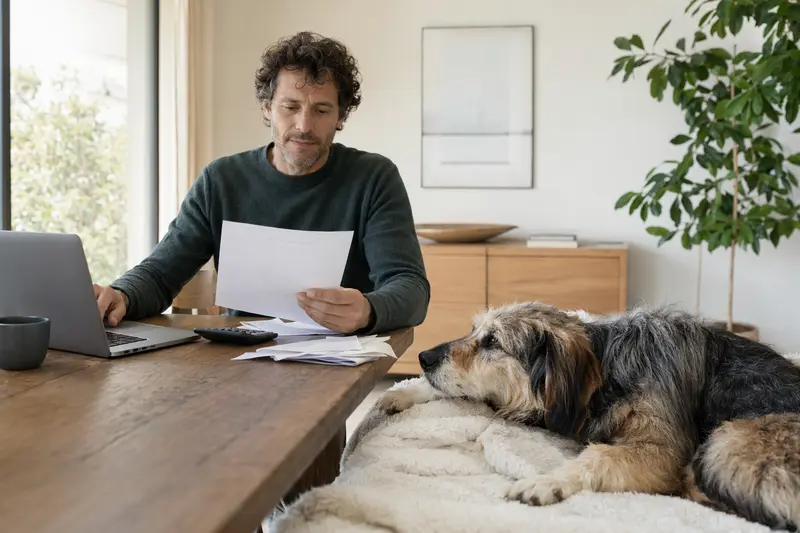 Ein Besitzer sitzt mit einer Tierarztrechnung am Tisch, während ein entspannter Ariégeois Hund auf einer Decke liegt.
