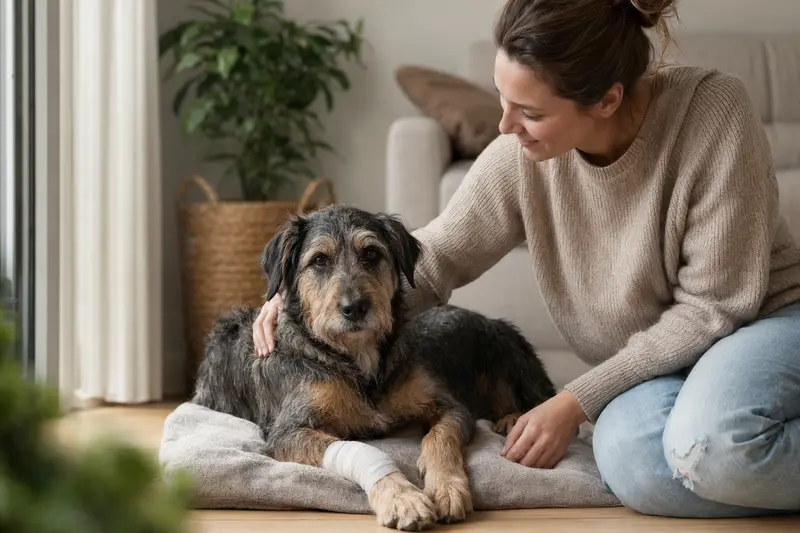 Ein entspannter Ariégeois Hund mit leichtem Verband an der Pfote liegt neben seinem erleichterten Besitzer auf einer Decke in einer hellen Wohnung.