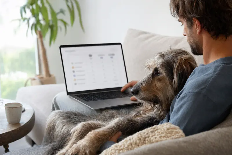 Ein Hundebesitzer sitzt mit einem Laptop auf dem Sofa, während ein Ariégeois neben ihm liegt und eine neutrale Versicherungsvergleichs-Oberfläche zeigt.