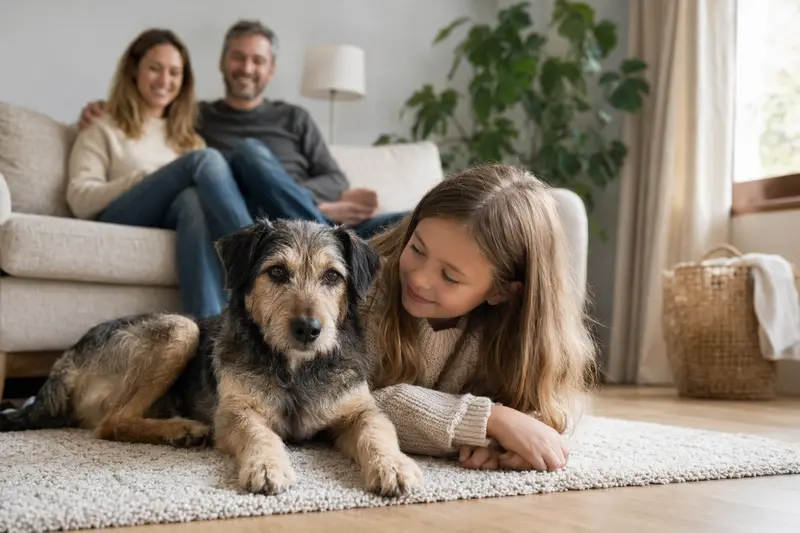 Ein freundlicher Armant Hund liegt entspannt neben einem Kind im Wohnzimmer, während die Eltern im Hintergrund für eine sichere Familienatmosphäre sorgen.