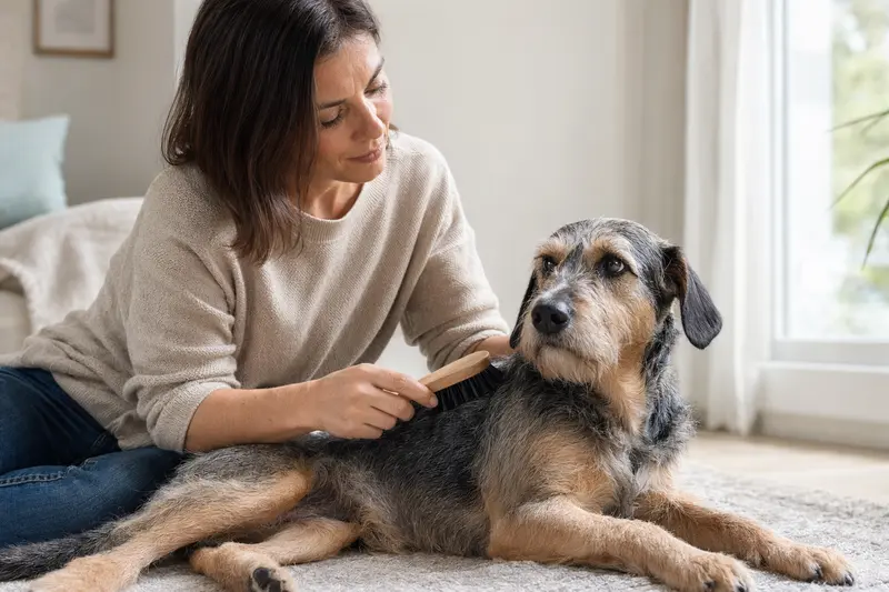 Ein Armant Hund wird liebevoll von seinem Besitzer zuhause gebürstet.