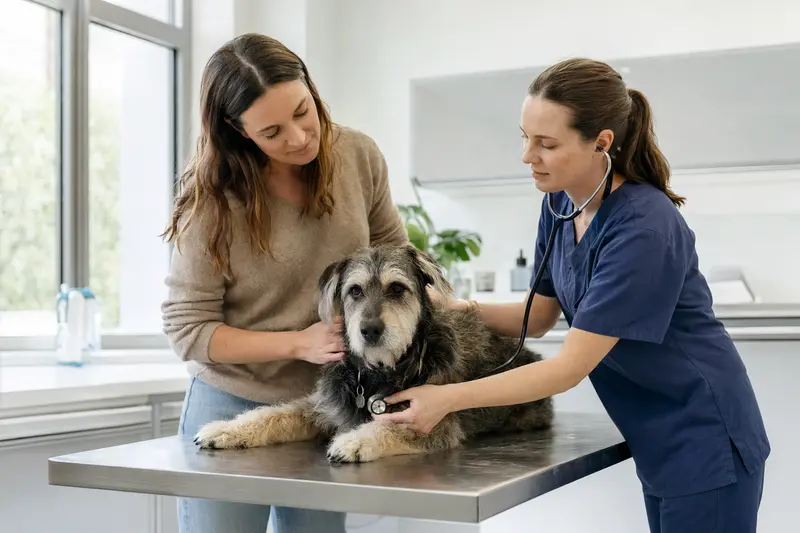 Ein ruhiger Armant Hund wird von einer freundlichen Tierärztin mit einem Stethoskop in einer modernen Tierarztpraxis untersucht, während sein Besitzer beruhigend daneben steht.