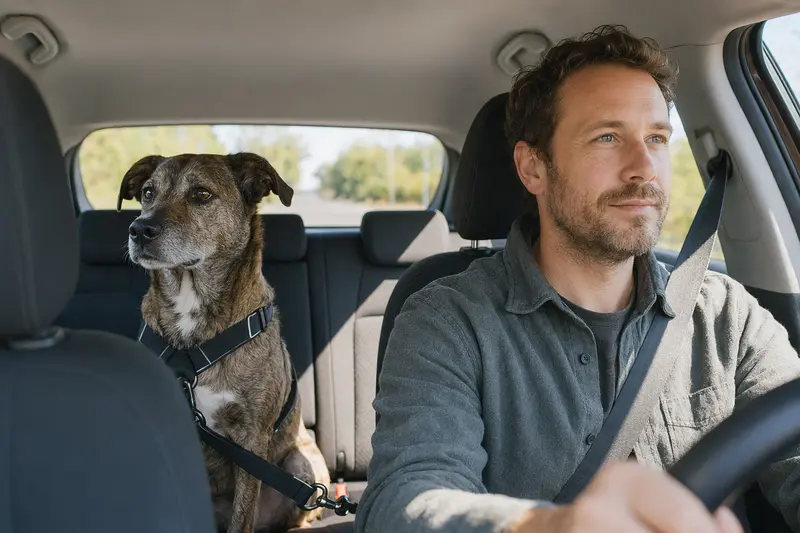Ein Armant Hund sitzt sicher angeschnallt auf der Rückbank eines Autos und genießt das Sonnenlicht.