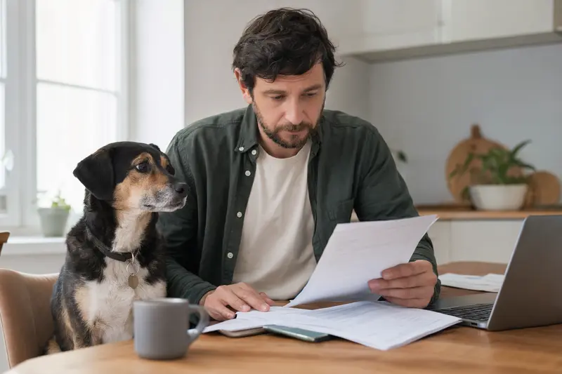 Ein Armant Hund sitzt ruhig neben seinem Besitzer am Küchentisch, auf dem Versicherungsunterlagen und ein Laptop liegen.