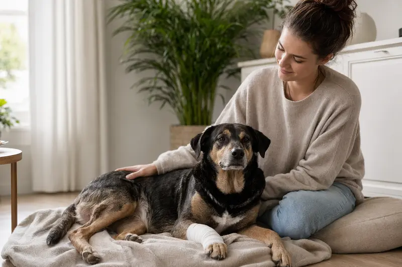 Ein Armant Hund mit leichtem Verband an der Pfote liegt entspannt auf einer Decke neben seinem erleichterten Besitzer in einer hellen Wohnung.