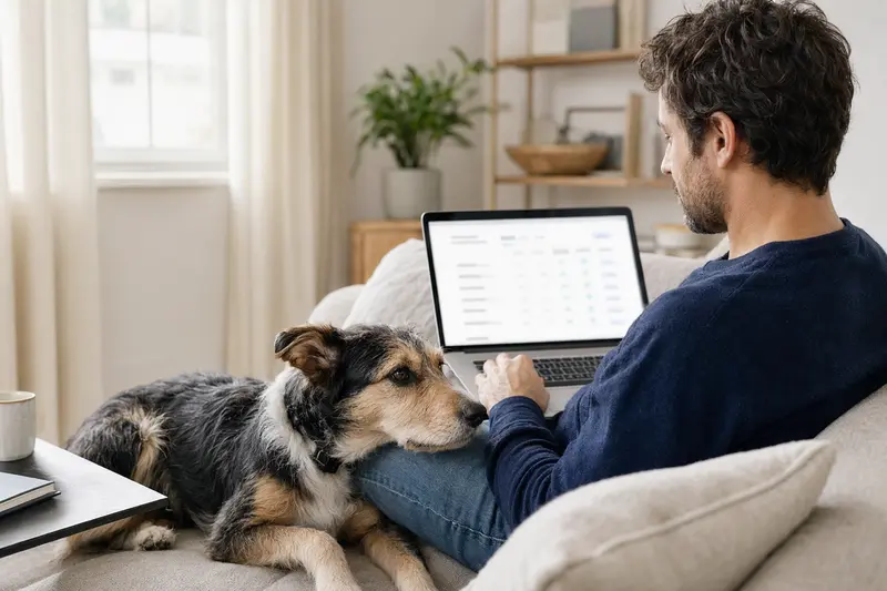 Ein Hundehalter arbeitet auf seinem Laptop neben seinem Hund in einer ruhigen Wohnung, während er Versicherungsoptionen vergleicht.