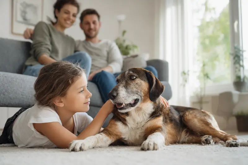 Ein freundlicher Artois Hound liegt entspannt neben einem Kind im Wohnzimmer und schafft eine vertrauensvolle Familienatmosphäre.