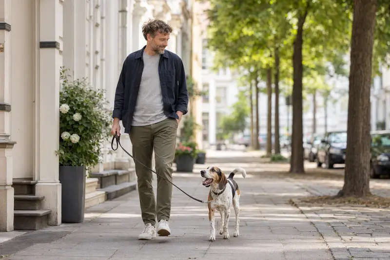 Ein glücklicher Artois Hound Hund läuft an der Leine mit seinem Besitzer durch eine moderne Stadtstraße.