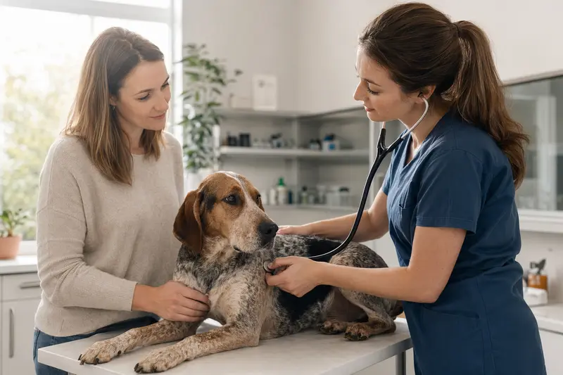 Ein ruhiger Artois Hound auf einem Untersuchungstisch wird behutsam von einer freundlichen Tierärztin mit einem Stethoskop untersucht, während der Besitzer beruhigend daneben steht.