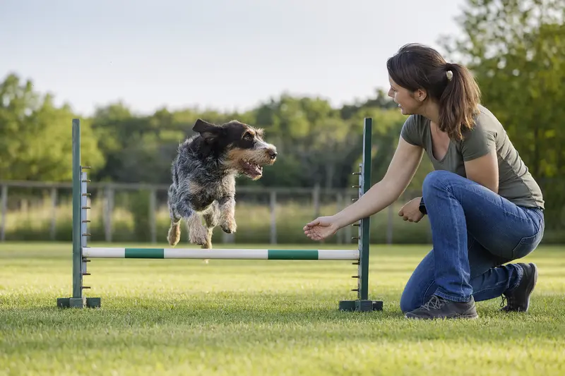 Ein Artois Hound springt beim Hundetraining mit seinem Besitzer über eine kleine Hürde auf dem Hundeplatz.