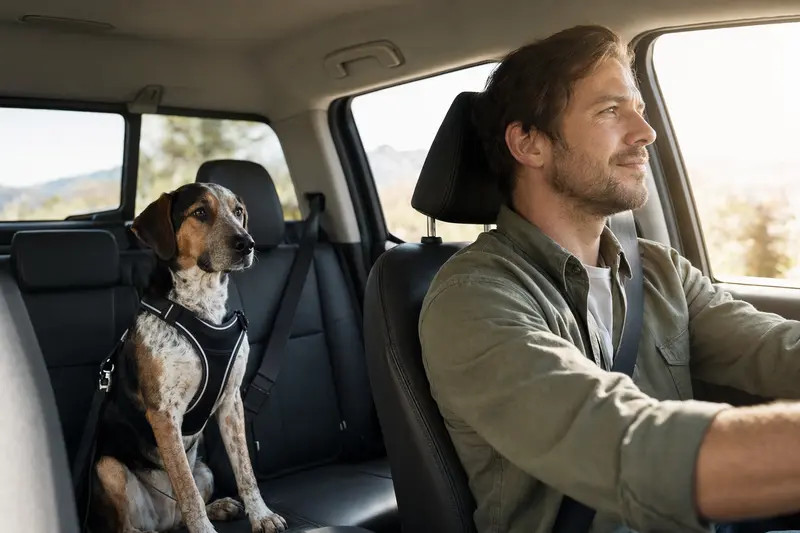 Ein Artois Hound Hund sitzt sicher im Autositz angeschnallt, während der Fahrer ruhig unterwegs ist.