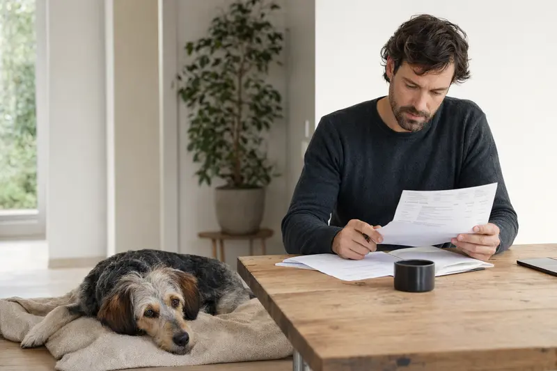 Ein Besitzer sitzt entspannt am Tisch mit einer Tierarztrechnung, während ein Artois Hound auf der Decke ruht.
