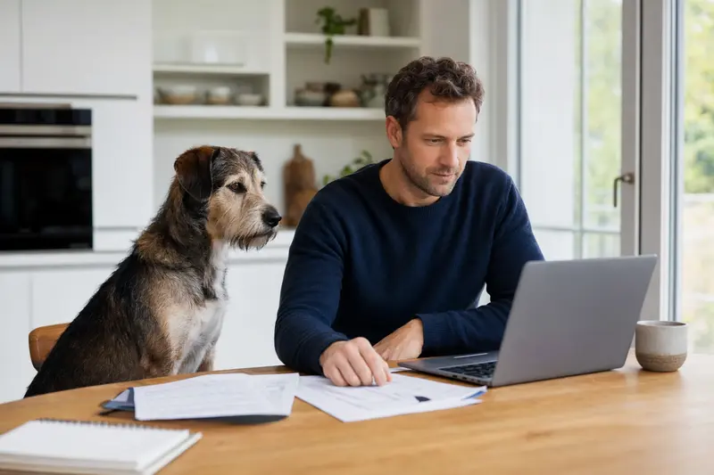 Ein Artois Hound sitzt ruhig neben seinem Besitzer am Küchentisch, auf dem Versicherungsunterlagen und ein Laptop liegen.