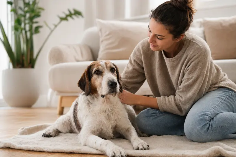 Ein Artois Hound mit einem leichten Verband an der Pfote, entspannend auf einer Decke, während sein Besitzer beruhigt daneben sitzt.