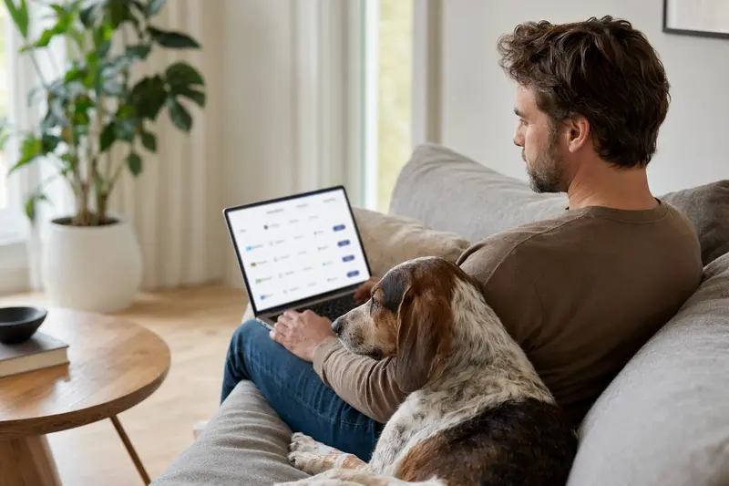 Ein Hundebesitzer nutzt seinen Laptop auf dem Sofa, während sein Artois Hound neben ihm sitzt und eine neutrale Versicherungsvergleichsoberfläche angezeigt wird.