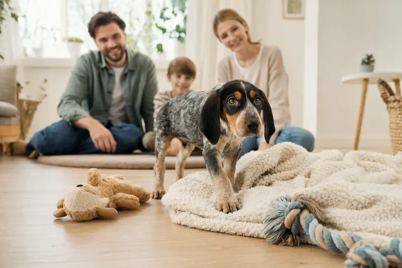 Ein neugieriger Artois Hound Welpe erkundet sein neues Zuhause mit einer weichen Decke und Spielzeug, während seine liebevolle Familie im Hintergrund zu sehen ist.