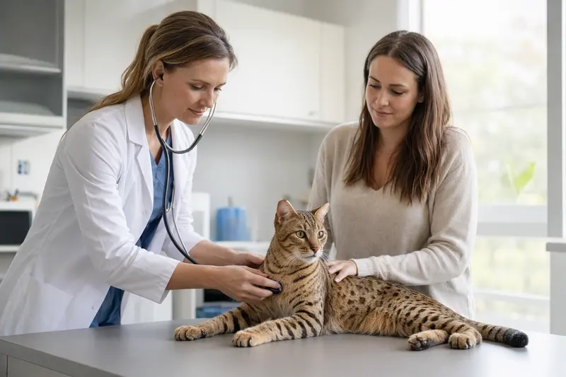 Eine Ashera Katze wird von einer freundlichen Tierärztin auf einem Untersuchungstisch in einer modernen Tierarztpraxis untersucht.
