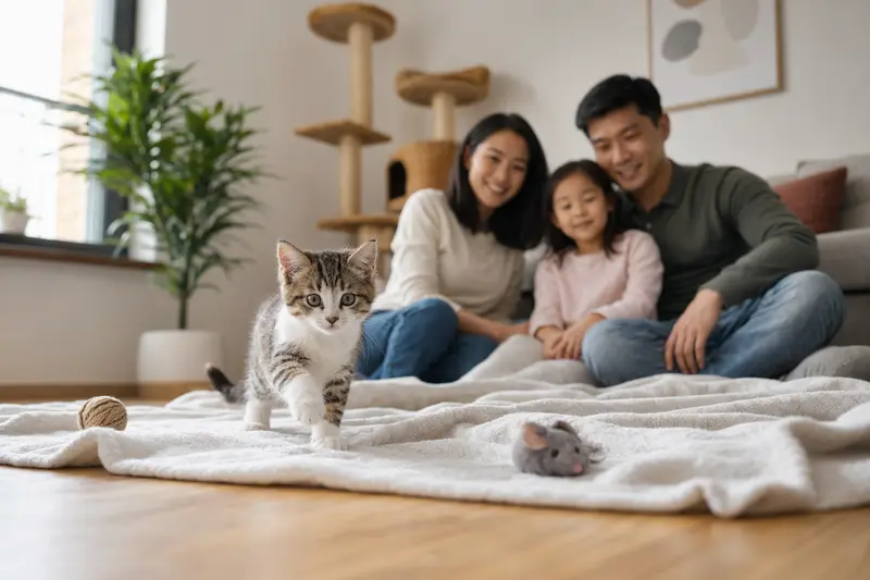 Ein neugieriges Asian Katzen Kitten erkundet seine neue Wohnung mit liebevoller Familie im Hintergrund.