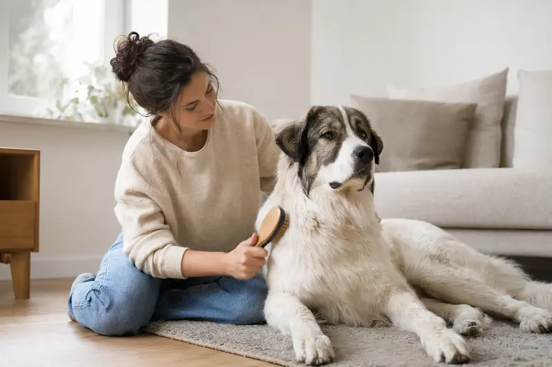 Ein Atlas-Berghund wird liebevoll von seinem Besitzer in einer hellen Wohnung gebürstet, Fokus auf verantwortungsvolle Fellpflege.