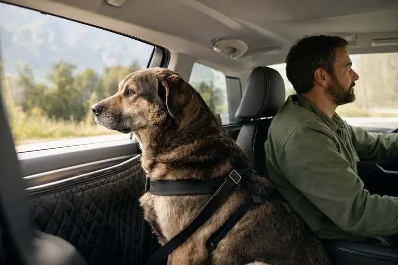 Ein Atlas-Berghund sitzt sicher angeschnallt auf der Rückbank eines Autos, während sein Besitzer entspannt fährt.