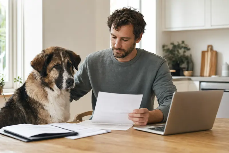 Ein Atlas-Berghund sitzt entspannt neben seinem Besitzer am Küchentisch mit Versicherungsunterlagen und einem Laptop.