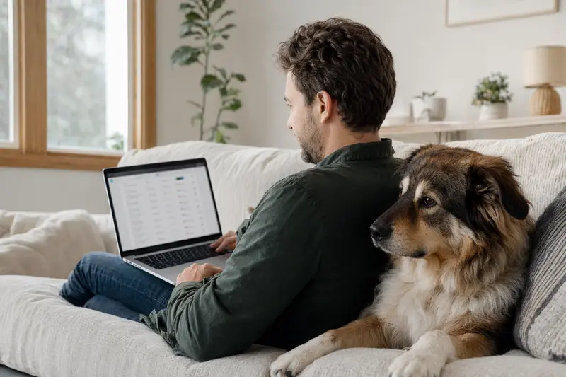 Ein Besitzer sitzt mit Laptop auf dem Sofa neben seinem Atlas-Berghund und vergleicht Tierversicherungen für mehr Sicherheit.
