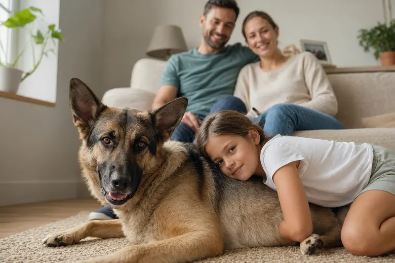 Ein entspannter Atlas Schäferhund liegt neben einem Kind im Wohnzimmer und vermittelt eine vertrauensvolle Familienatmosphäre.