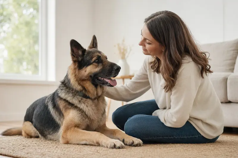 Ein Atlas Schäferhund steht aufmerksam vor einem neutralen Hintergrund und zeigt seine charakteristische Körperform sowie Fellstruktur.
