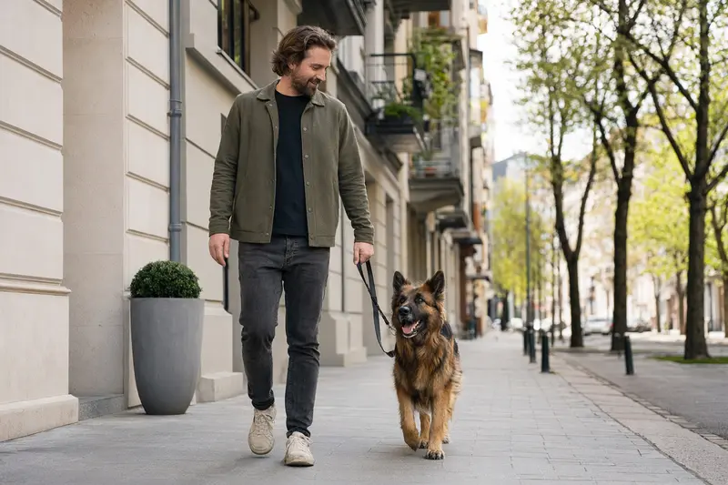 Ein Atlas Schäferhund läuft mit seinem Besitzer an der Leine durch eine moderne, saubere Stadtstraße in entspannter Atmosphäre.