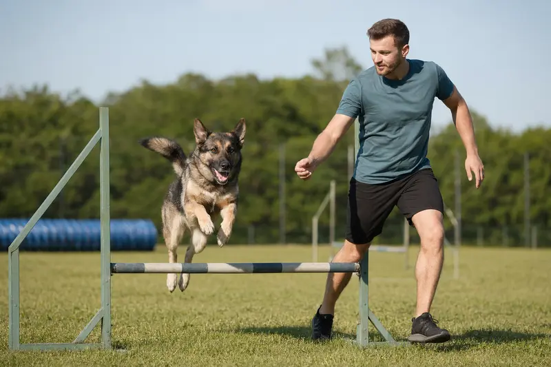 Ein Atlas Schäferhund springt mit seinem Besitzer über eine kleine Trainingshürde auf dem Hundeplatz.