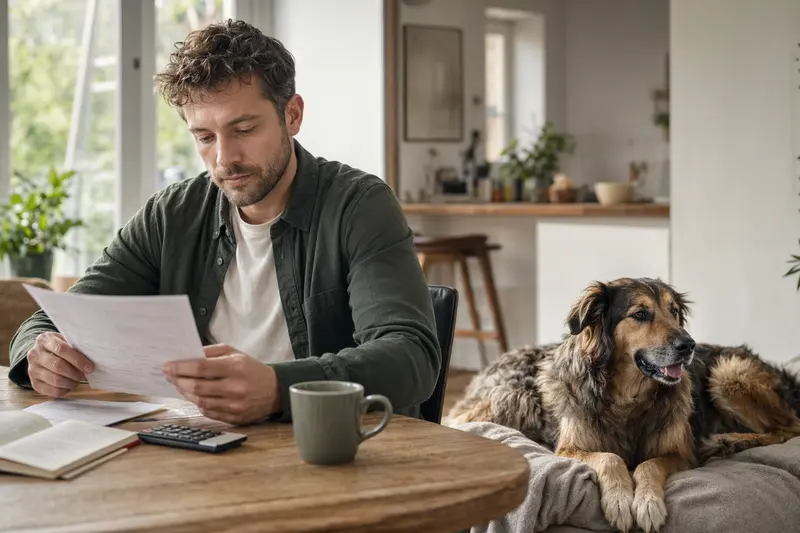 Ein entspannter Atlas Schäferhund liegt neben seinem Besitzer mit einer Tierarztrechnung am Tisch in einer hellen Wohnung.
