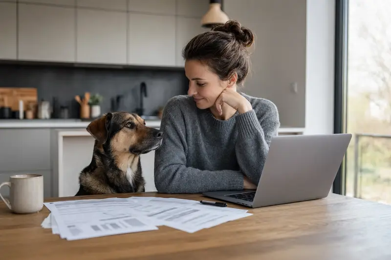 Ein ruhiger Atlas Schäferhund sitzt neben seinem Besitzer am Küchentisch, auf dem Versicherungsunterlagen und ein Laptop liegen.