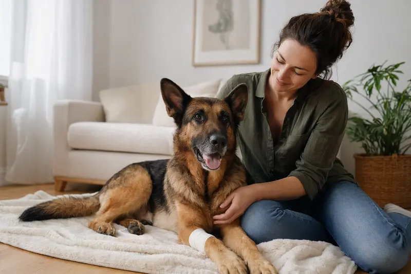 Ein Atlas Schäferhund mit einem leichten Verband an der Pfote liegt entspannt neben seinem Besitzer in einer hellen Wohnung.