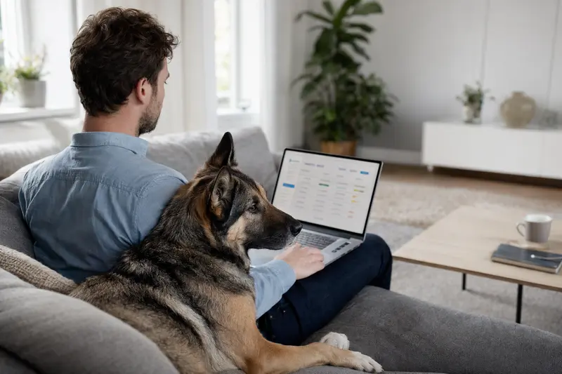 Ein Hundebesitzer mit einem Atlas Schäferhund sitzt auf dem Sofa und vergleicht Versicherungsangebote am Laptop.