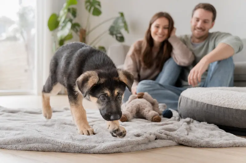 Ein neugieriger Atlas Schäferhund Welpe erkundet sein neues Zuhause mit einer liebevollen Familie im Hintergrund.