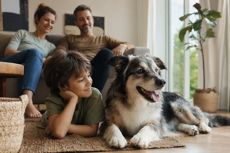 Ein freundlicher Atlas Sheepdog Hund liegt entspannt neben einem Kind im Wohnzimmer und sorgt für eine vertrauensvolle Atmosphäre.