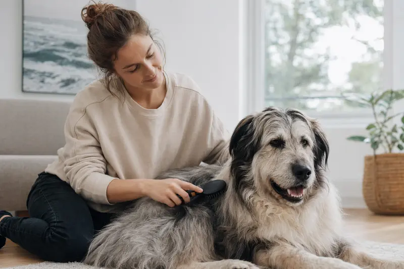 Ein Atlas Sheepdog wird liebevoll von seinem Besitzer zuhause gebürstet, was die Bedeutung der Fellpflege für die Gesundheit des Hundes unterstreicht.