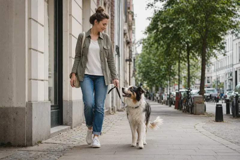 Ein Atlas Sheepdog läuft an der Leine mit seinem Besitzer durch eine moderne Stadtstraße.