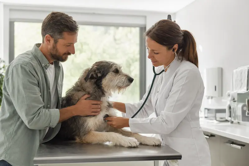 Ein Atlas Sheepdog Hund wird von einer freundlichen Tierärztin behutsam untersucht, während der Besitzer beruhigend danebensteht.