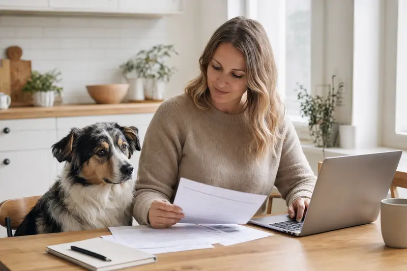 Ein Atlas Sheepdog Hund sitzt entspannt neben seinem Besitzer am Küchentisch mit Versicherungsunterlagen und einem Laptop.