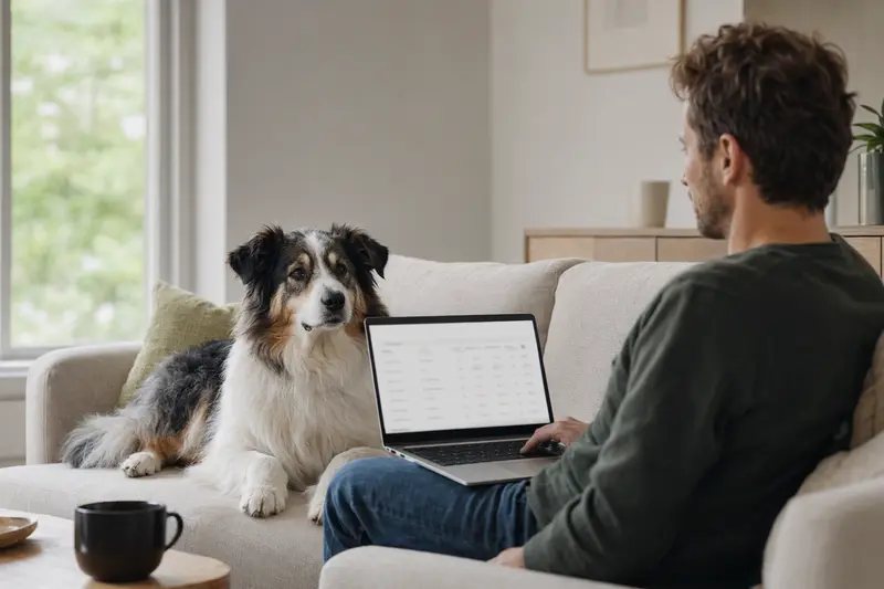 Ein Hundebesitzer sitzt mit einem Atlas Sheepdog neben einem Laptop auf dem Sofa in einer hellen Wohnung, während er eine Versicherungsvergleichsseite betrachtet.