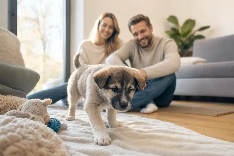 Ein neugieriger Atlas Sheepdog Welpe entdeckt seine neue, liebevolle Familie in einer freundlichen Wohnung.