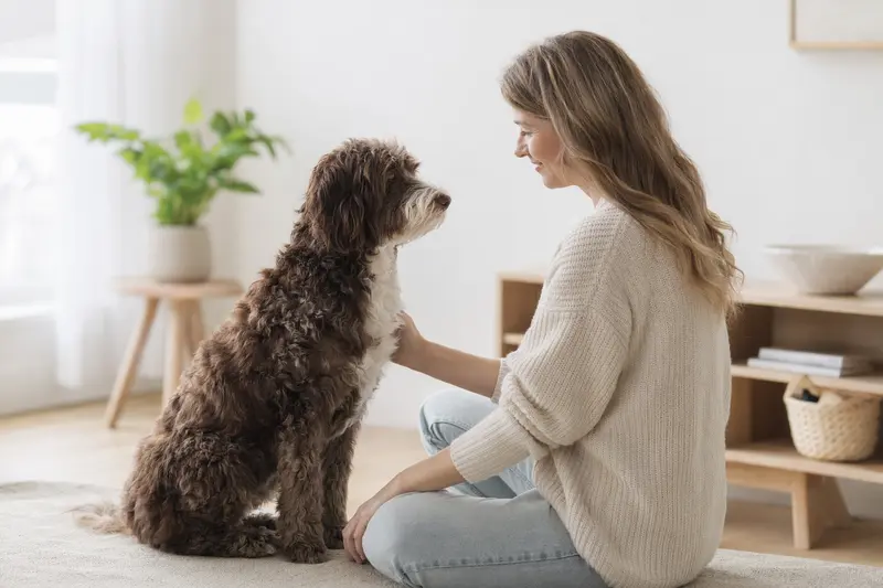Ein aufmerksamer Aussiedoodle Hund steht vor einem hellen Hintergrund und zeigt seine charakteristischen Merkmale.