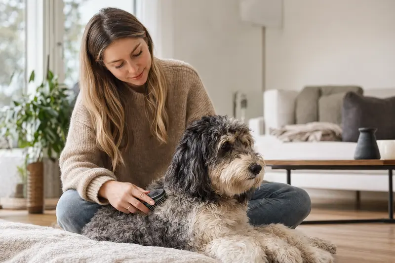 Ein liebevoller Besitzer bürstet sanft das Fell seines Aussiedoodle-Hundes in einer hellen Wohnung, was die Bedeutung der Fellpflege und Verantwortung für die Tiergesundheit unterstreicht.