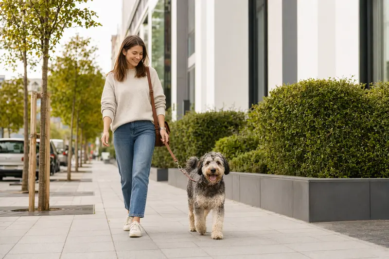 Ein Aussiedoodle Hund läuft mit seinem Besitzer an der Leine durch eine moderne Stadtstraße in einer entspannten Alltagssituation.